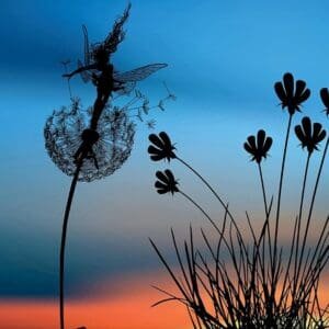 Stainless Steel Whimsical Fairies Pixie and Dandelion Sculpture