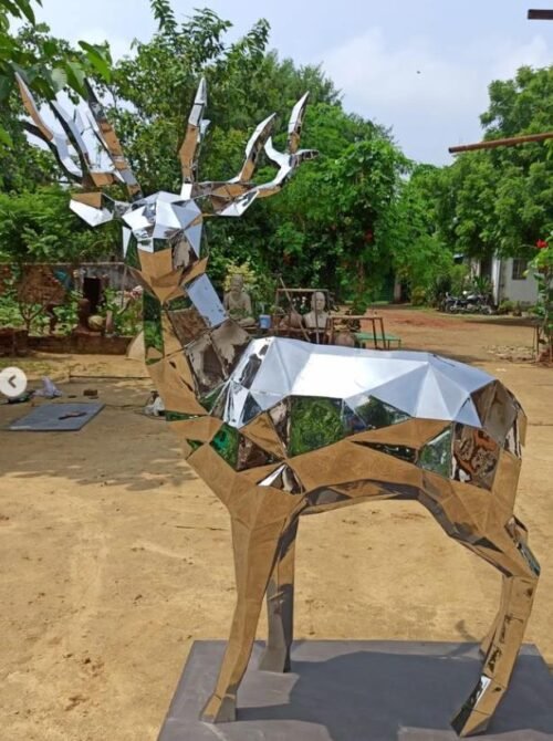 Geometric Deer Statue Stainless Steel Royal Stag Sculpture