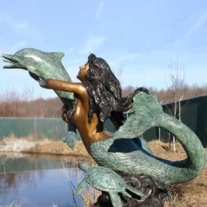 Bronze Statue Mermaid Play with Dolphin Sculpture 