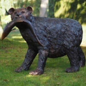 Bronze Black Bear Standing Sculpture With Fish Statue