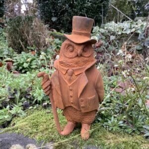 Rusty Metal Garden Cast Iron Mr Owl Wearing Top Hat