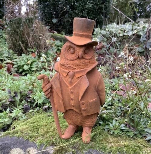 Rusty Metal Garden Cast Iron Mr Owl Wearing Top Hat