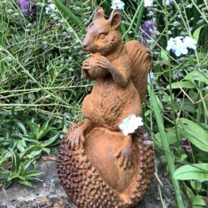 Metal Rusty Cast Iron Small Squirrel On Chestnut