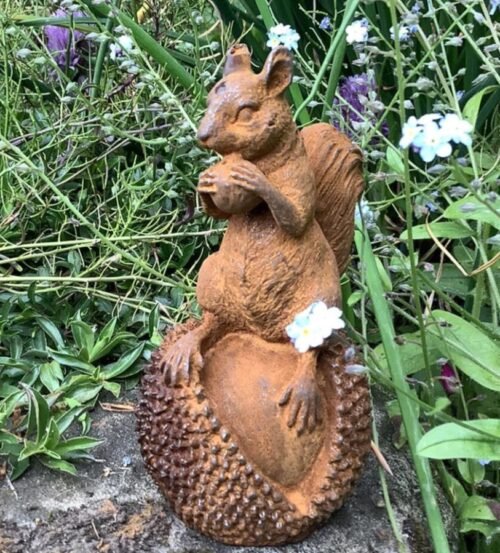 Metal Rusty Cast Iron Small Squirrel On Chestnut