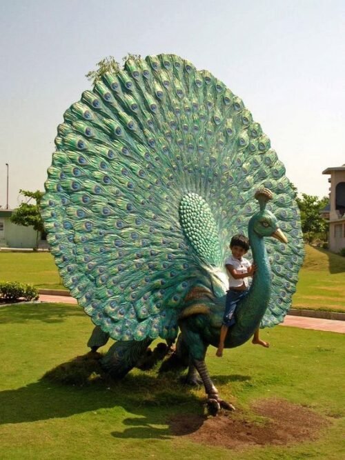 Outdoor Brass Metal Sculpture Of Peacock In Full Bloom