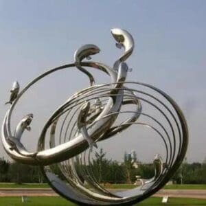 Mirror Surface Stainless Steel Leaping Fish With Splashing Waves Sculpture 